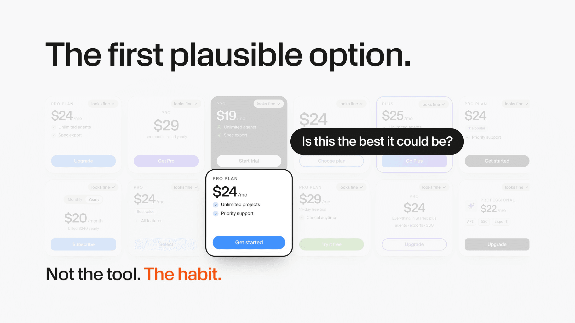 “The first plausible option.” A grid of near-identical generated pricing cards. One is picked with the question “Is this the best it could be?” Caption: “Not the tool. The habit.”