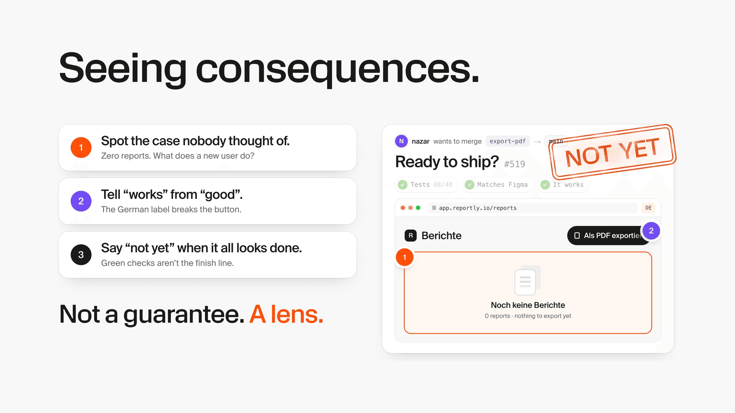 “Seeing consequences.” Three habits: spot the case nobody thought of, tell “works” from “good”, say “not yet” when it all looks done. A pull request stamped “Not yet”. Caption: “Not a guarantee. A lens.”