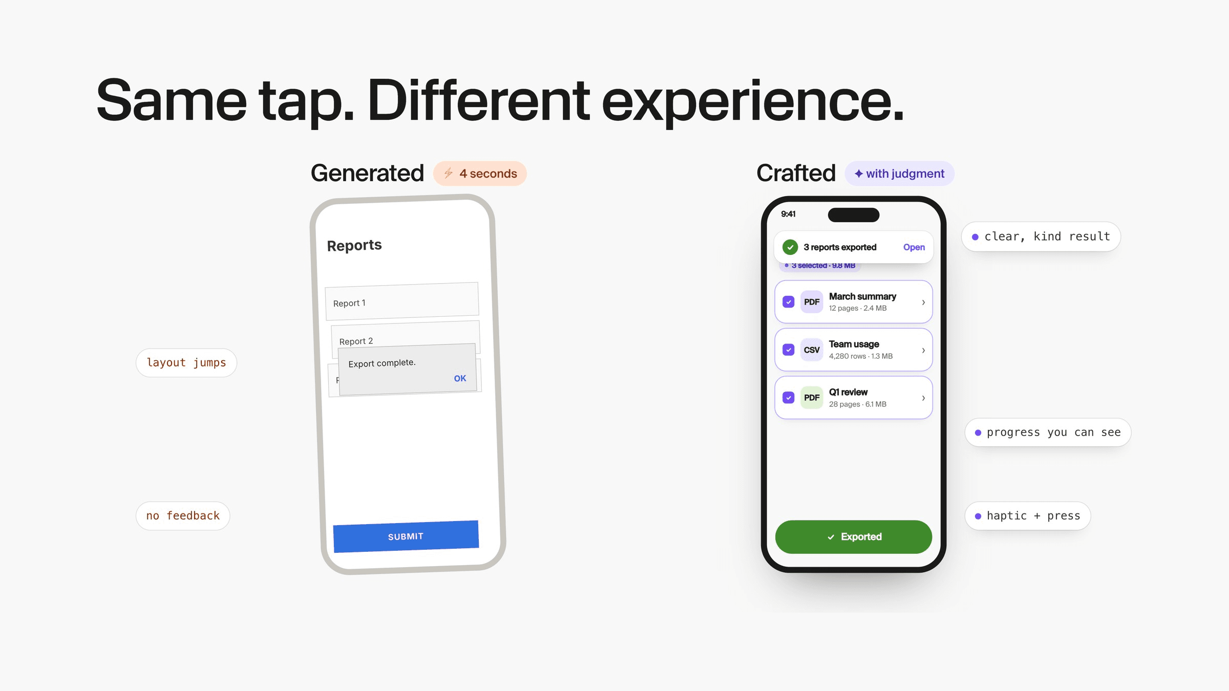 “Same tap. Different experience.” Generated in 4 seconds: a reports screen where an Export complete dialog overlaps the list, with notes for layout jumps and no feedback. Crafted with judgment: three selected reports, a 3 reports exported toast with an Open link and a green Exported button, with notes for a clear, kind result, progress you can see, and haptic on press.