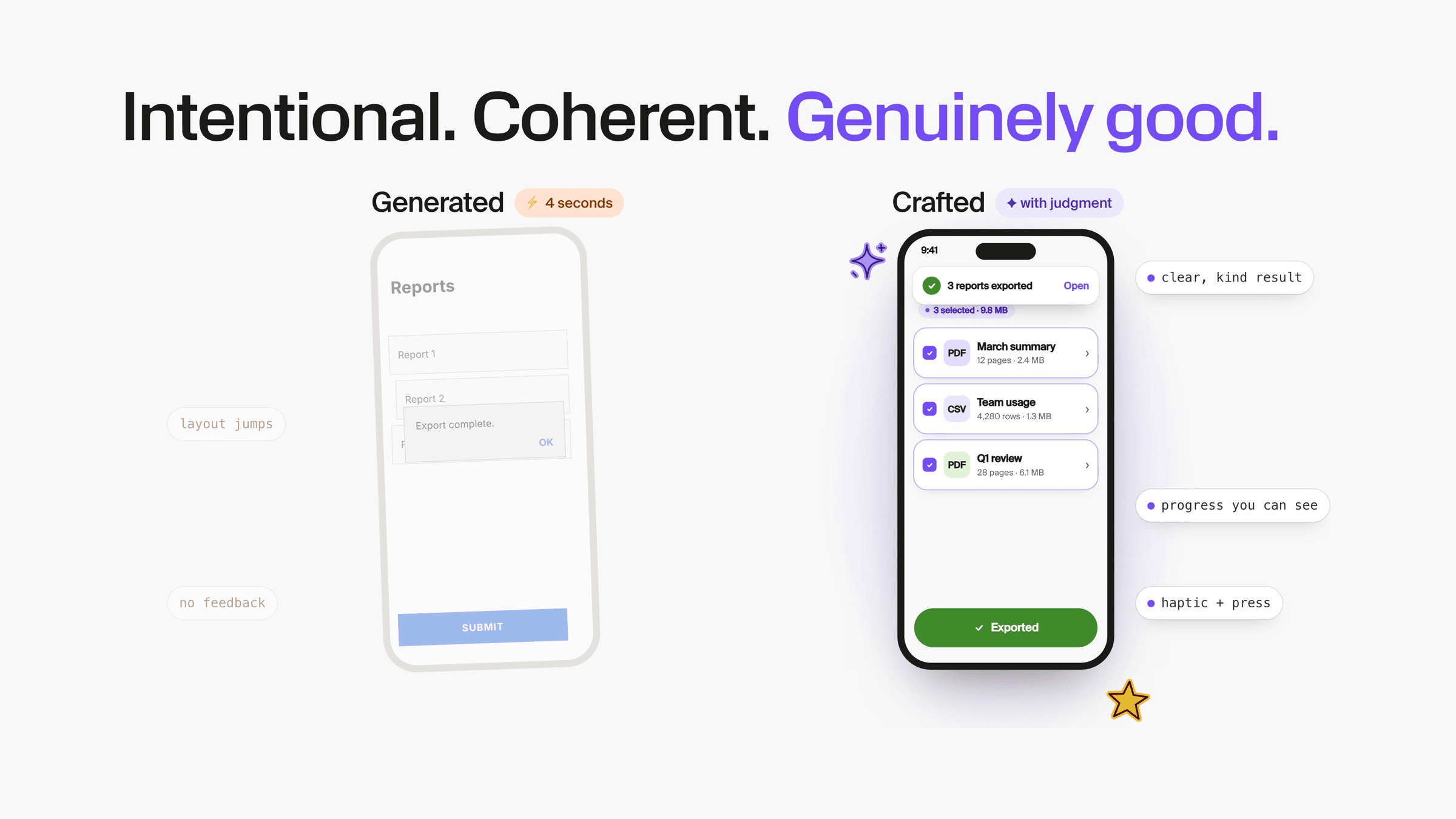 “Intentional. Coherent. Genuinely good.” The generated screen next to the crafted one, with notes on the details that make the difference: a clear result, progress you can see, haptics on press.
