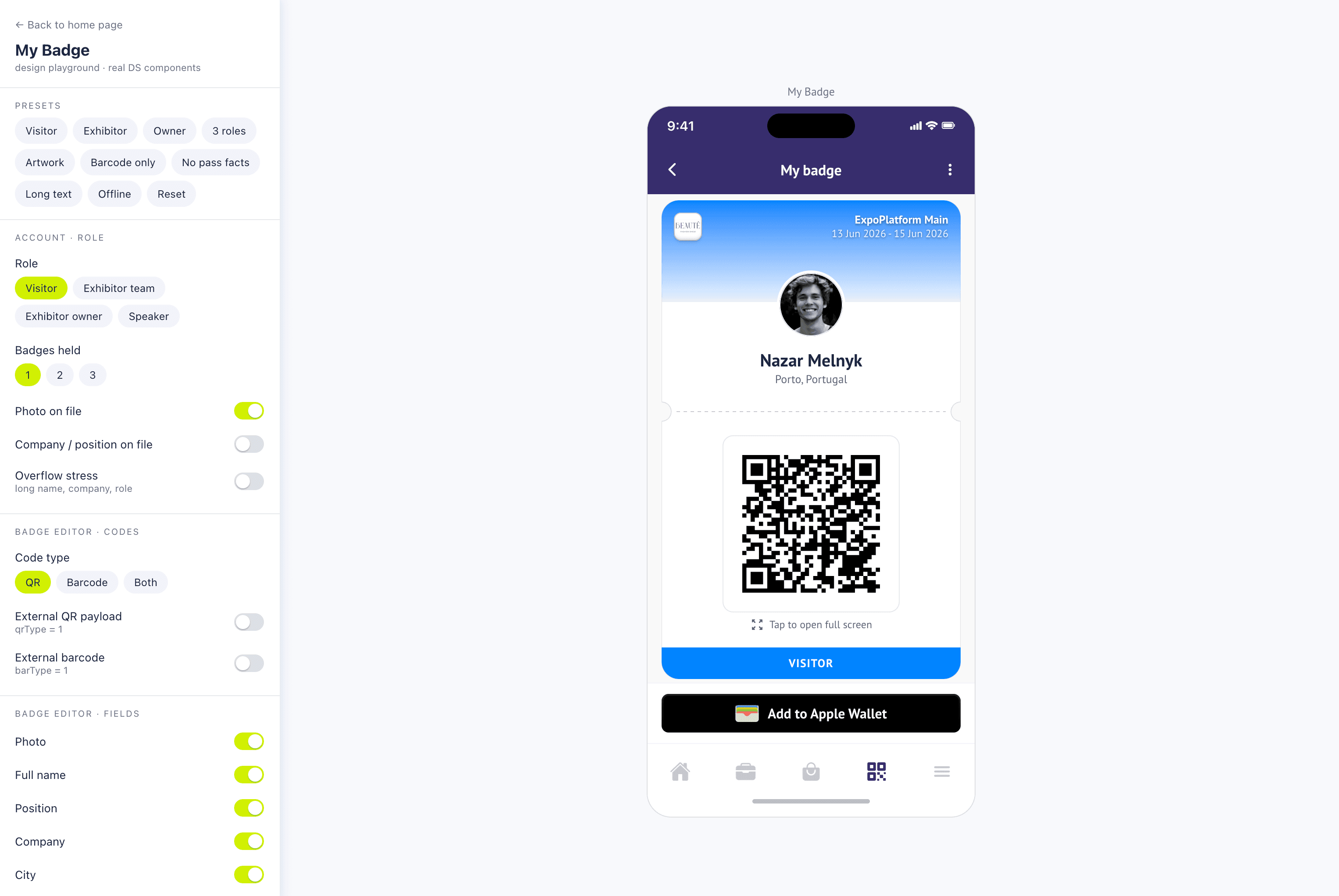 The badge Playground: presets and switches on the left for role, badges held, photo, code type and fields; on the right the phone with the resulting My Badge screen, QR code and Add to Apple Wallet button.