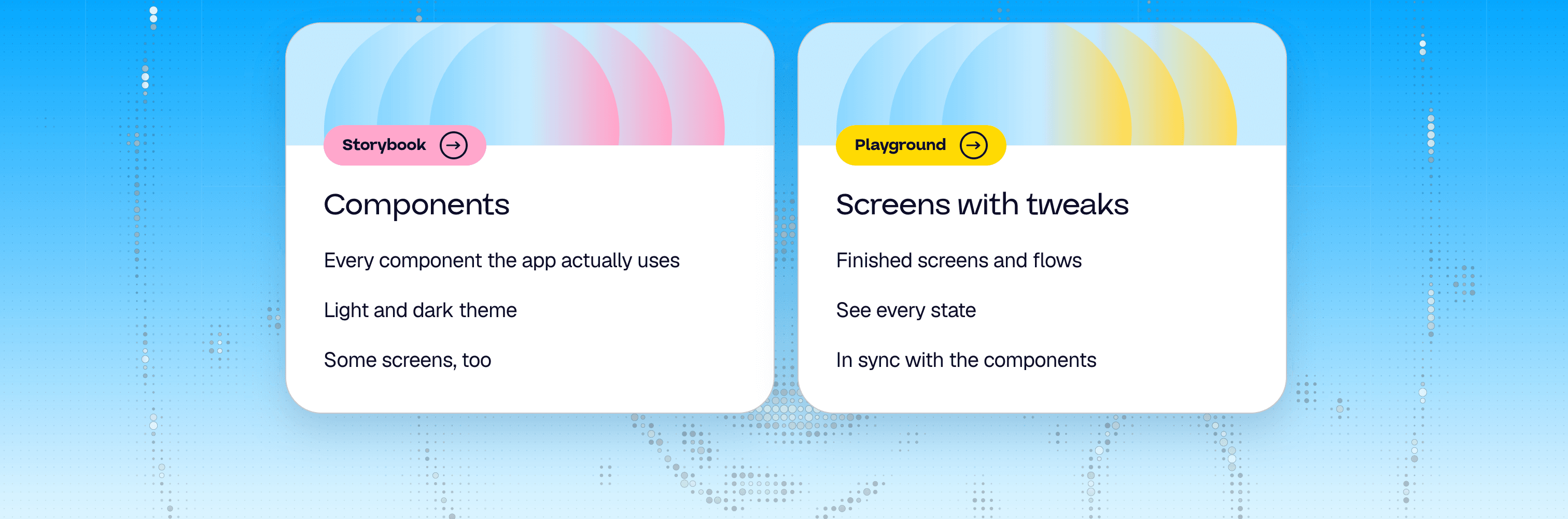 The published entry page with two ways in: Storybook for the components the app is built from, and Playground for finished screens with every state on a switch.