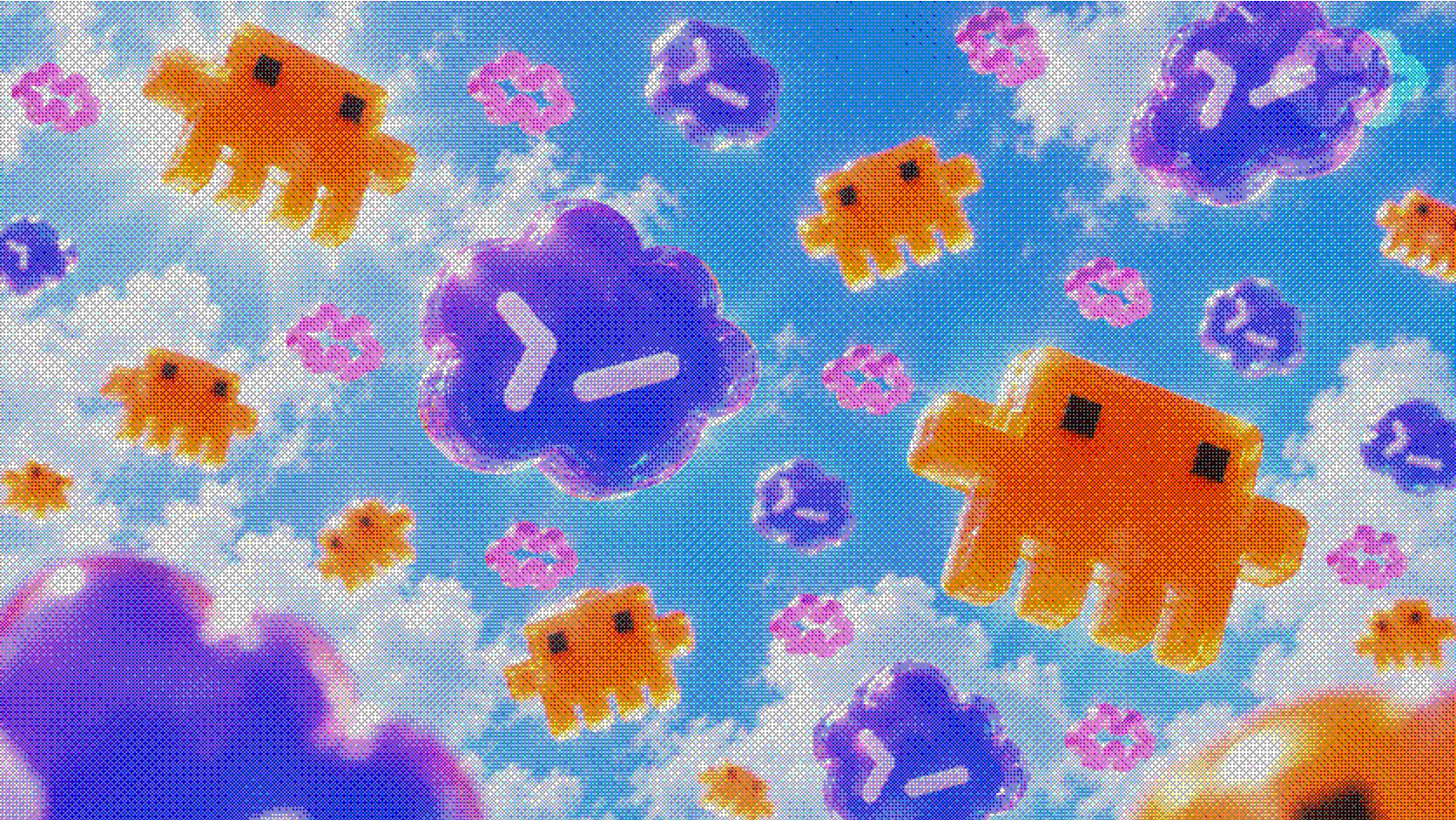 Halftone artwork: orange pixel creatures and purple clouds with pink stars drifting in a bright blue sky