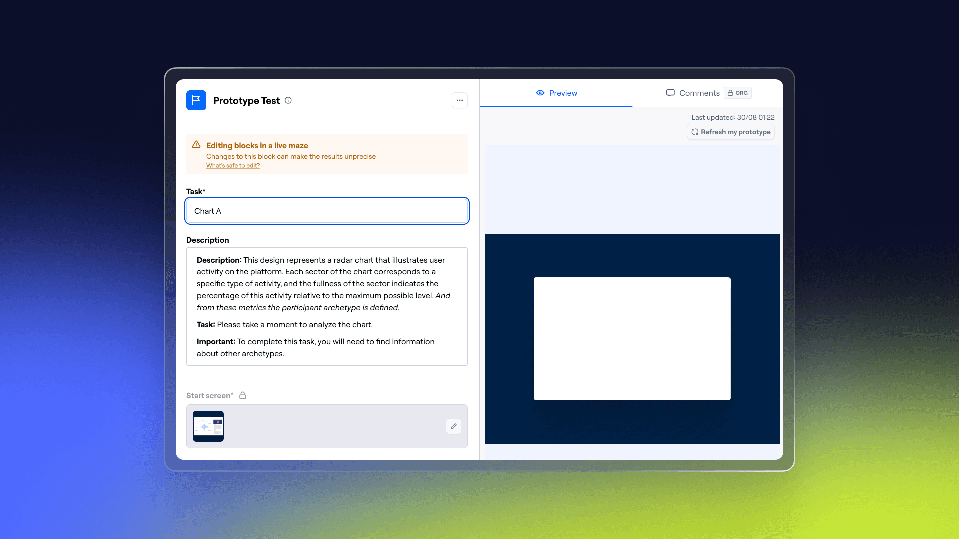 The Maze editor with a prototype test block: task Chart A, description and instructions next to the embedded prototype