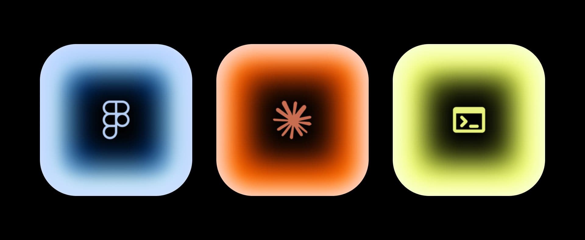 Three glowing app icons on black: Figma in blue, Claude in orange, and a terminal in chartreuse