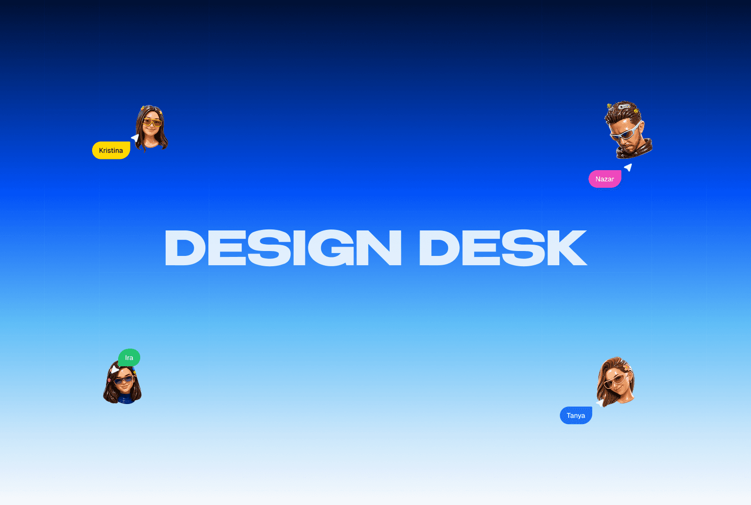 The words Design Desk on a blue gradient, with four cartoon avatars of the team in sunglasses, each with a name tag like a multiplayer cursor.