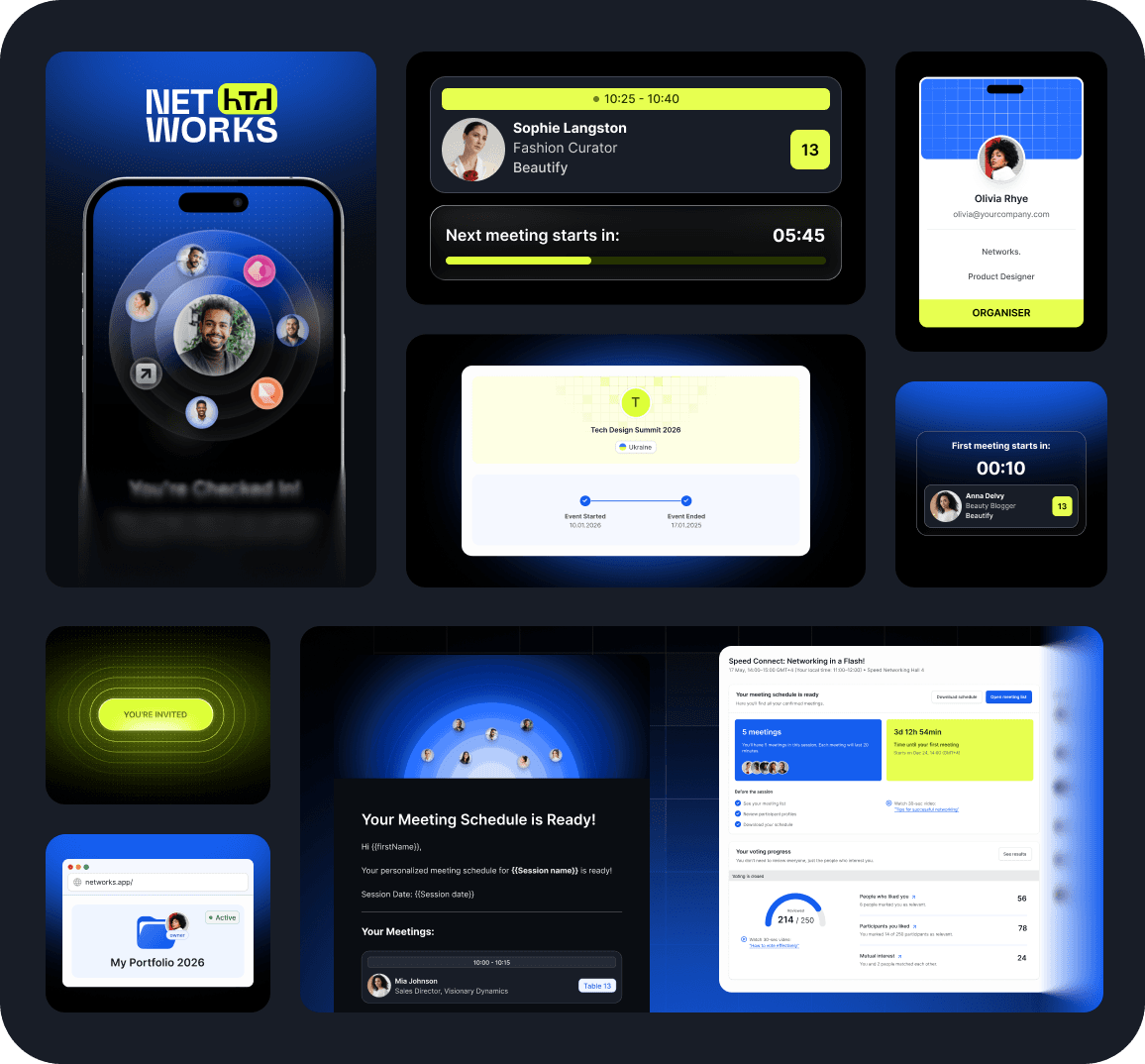 A grid of NetWorks screens: the mobile check-in with a circle of matched attendees, a meeting card with a countdown to the next meeting, an organiser badge, an event timeline, an invitation, the meeting schedule email and the web dashboard with voting progress.