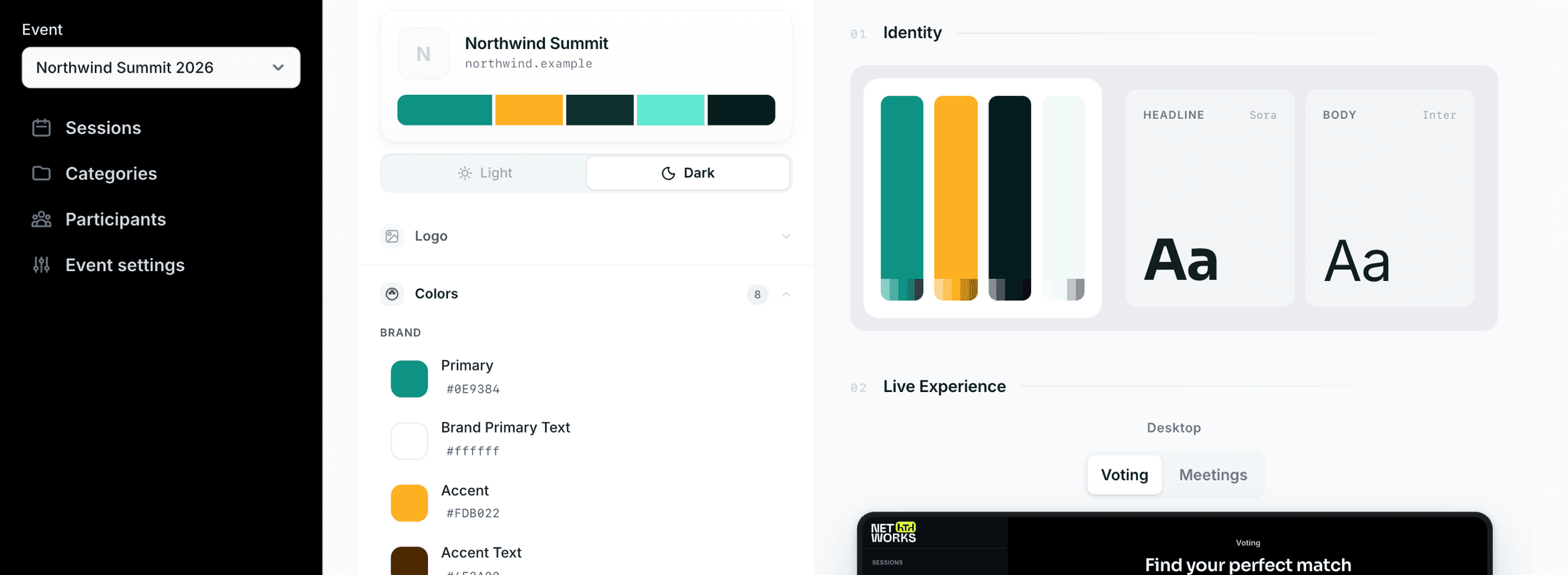 The theme editor in the product: brand, surface and text colours on the left, and on the right the generated identity, four colour swatches with their tints and the headline and body fonts.