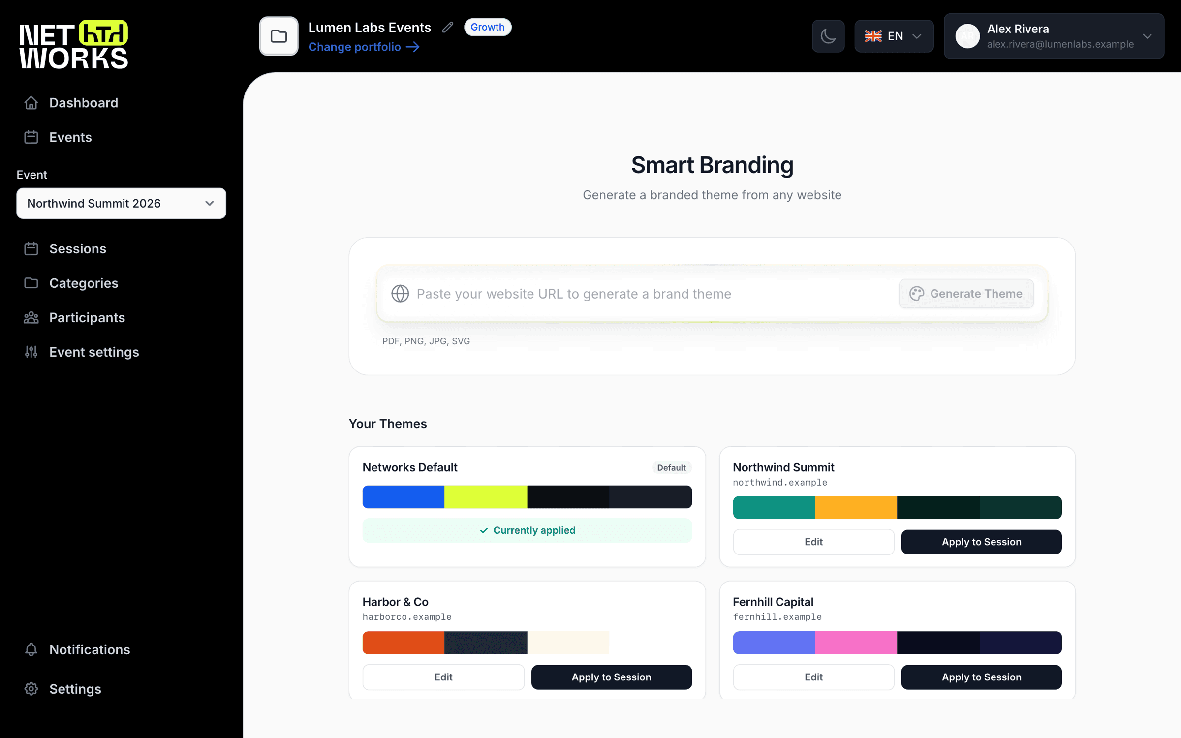 Smart Branding in the organiser admin: a field to paste a website address, and saved themes below it, each with its colour strip and an Apply to Session button.