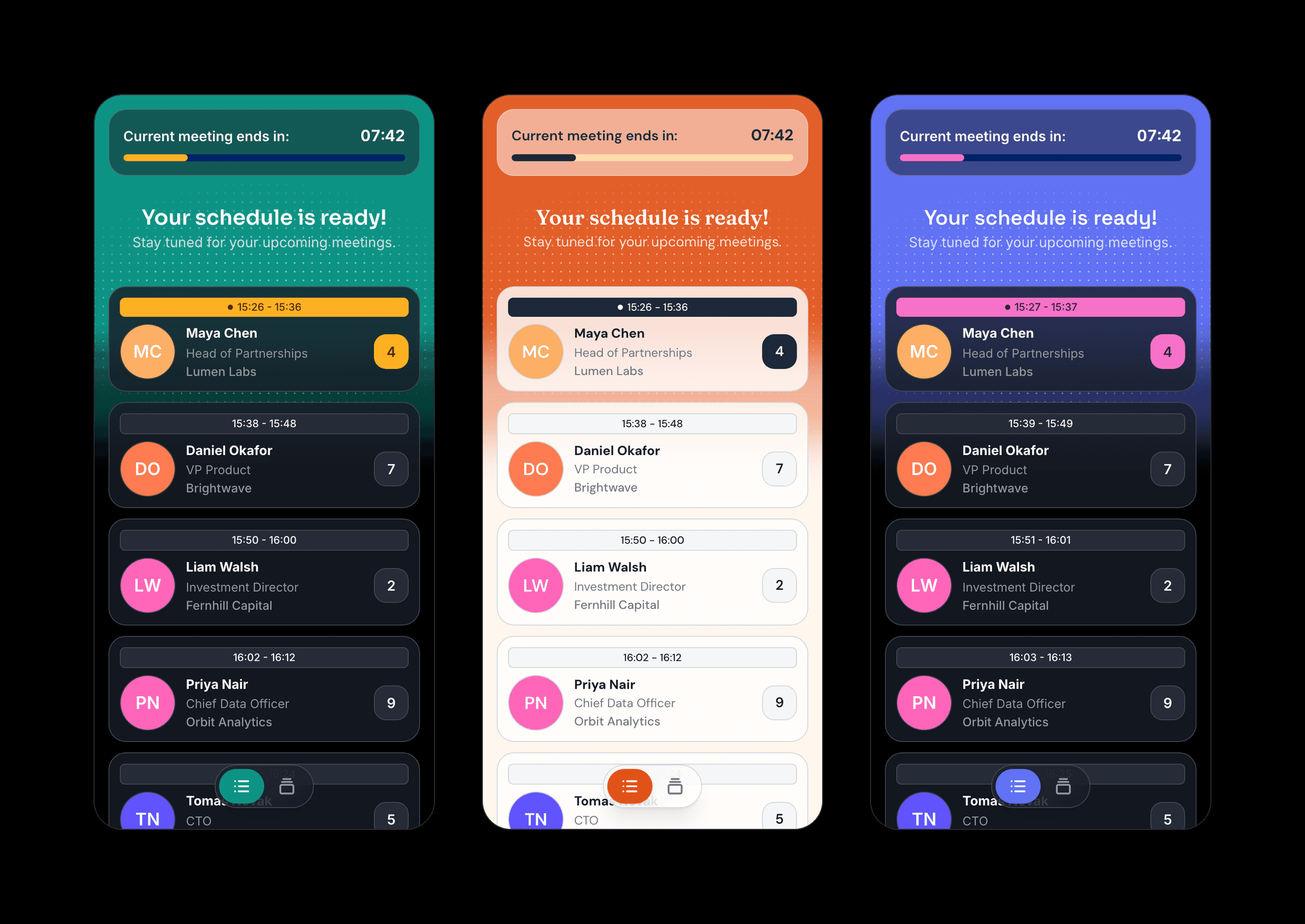 Three phones showing the same attendee schedule, each in a different brand: teal on dark, orange on light, indigo on dark.