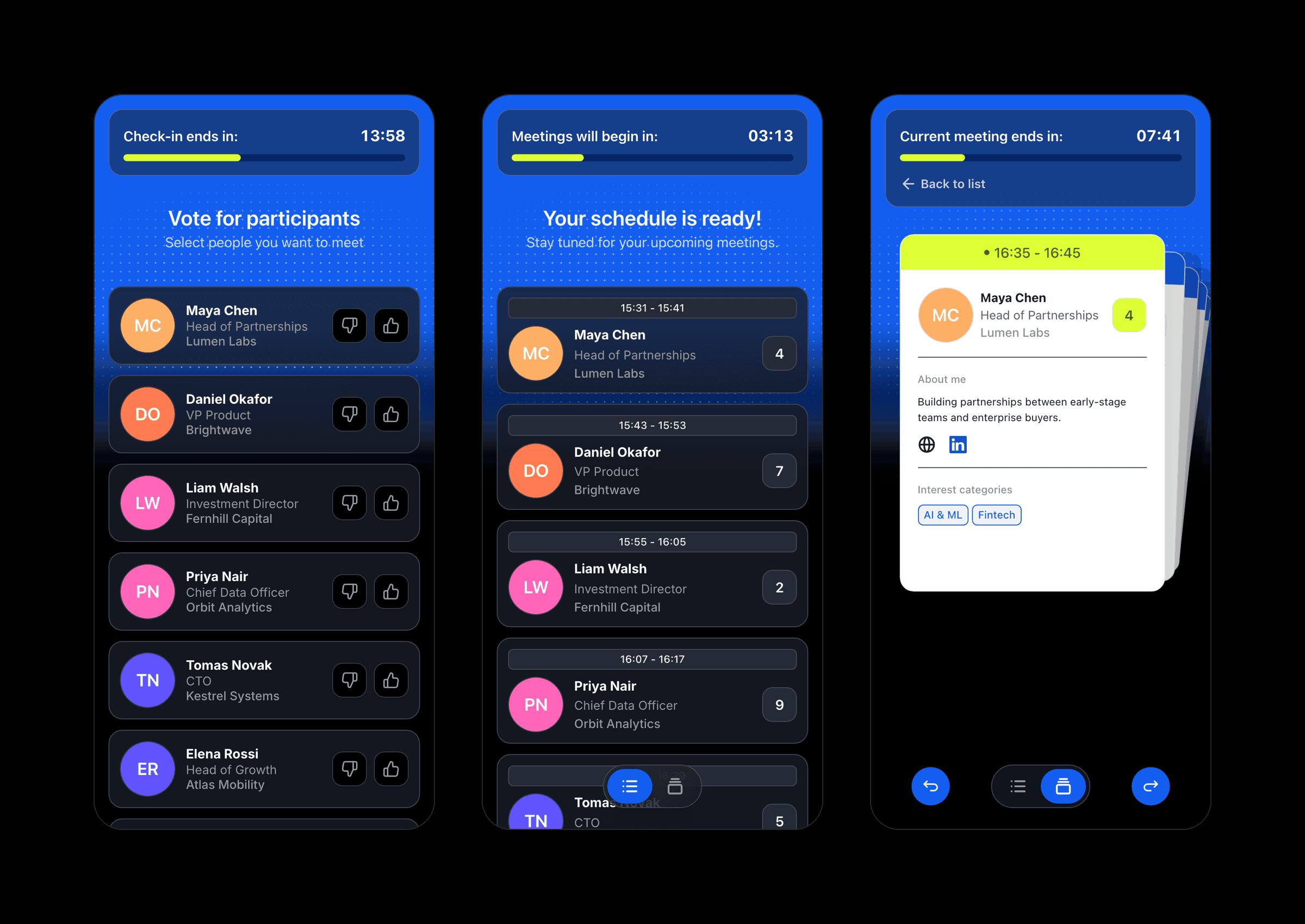 Three phones from the attendee app: a voting list, a schedule with the current meeting highlighted and a countdown, and a meeting card with the other person's interests.