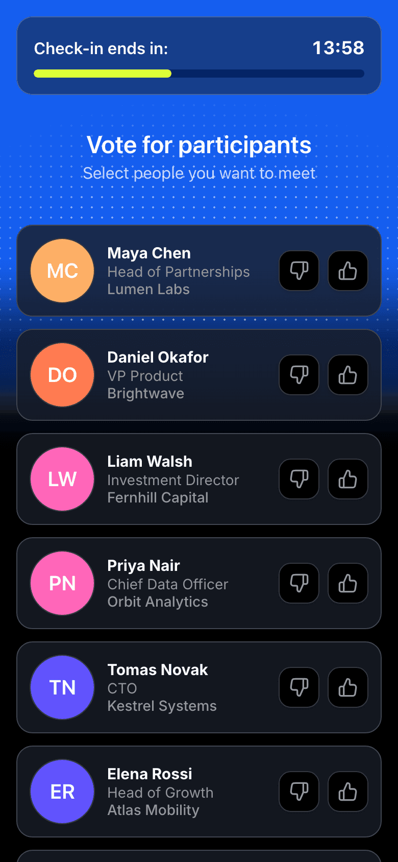 The attendee app during check-in: a countdown and a list of people to vote on, each with a thumbs up and a thumbs down.